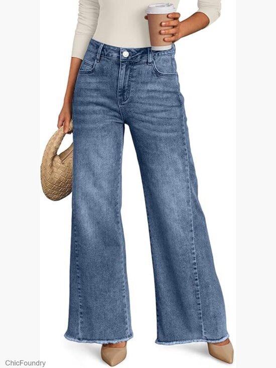 Denim - Wide Leg Jeans with Raw Hem, Relaxed Fit, Comfort Denim Pants